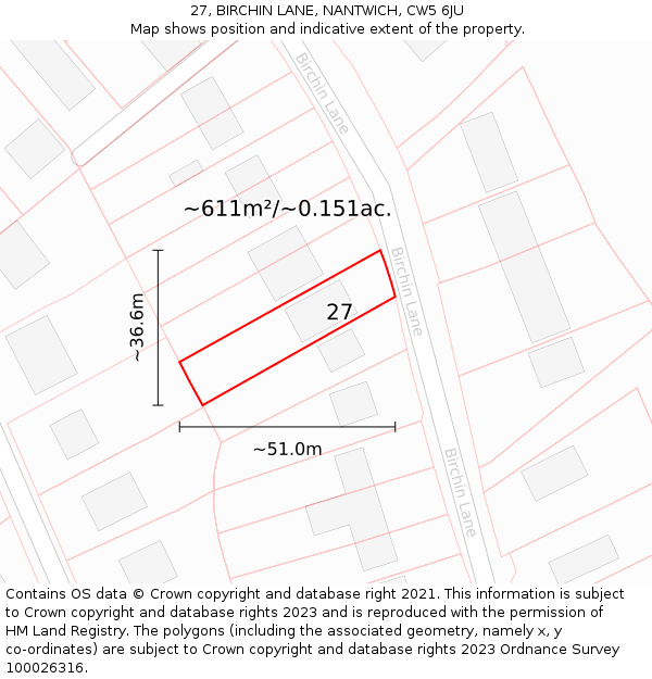 27, BIRCHIN LANE, NANTWICH, CW5 6JU: Plot and title map