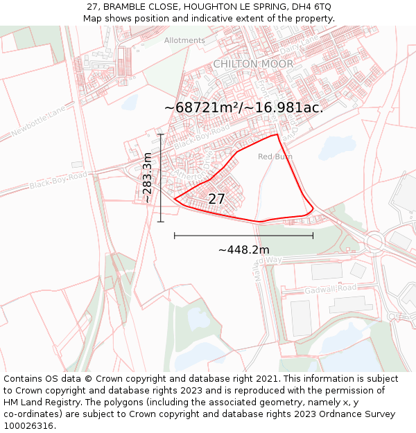 27, BRAMBLE CLOSE, HOUGHTON LE SPRING, DH4 6TQ: Plot and title map