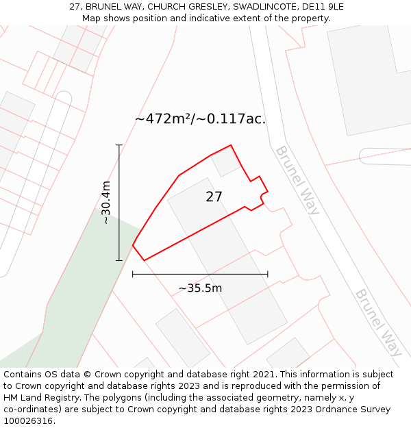 27, BRUNEL WAY, CHURCH GRESLEY, SWADLINCOTE, DE11 9LE: Plot and title map