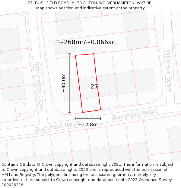 27, BUSHFIELD ROAD, ALBRIGHTON, WOLVERHAMPTON, WV7 3PL: Plot and title map