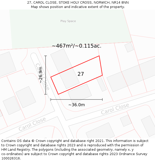 27, CAROL CLOSE, STOKE HOLY CROSS, NORWICH, NR14 8NN: Plot and title map