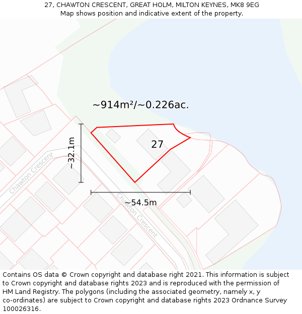 27, CHAWTON CRESCENT, GREAT HOLM, MILTON KEYNES, MK8 9EG: Plot and title map