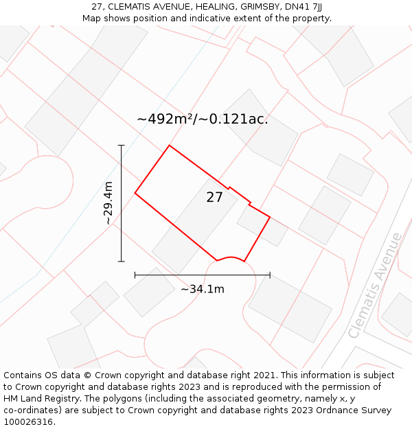 27, CLEMATIS AVENUE, HEALING, GRIMSBY, DN41 7JJ: Plot and title map