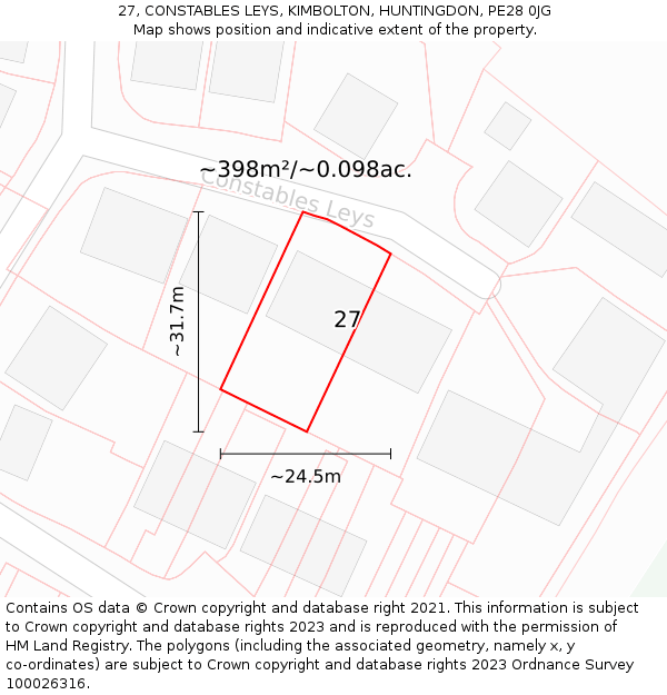 27, CONSTABLES LEYS, KIMBOLTON, HUNTINGDON, PE28 0JG: Plot and title map