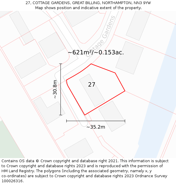 27, COTTAGE GARDENS, GREAT BILLING, NORTHAMPTON, NN3 9YW: Plot and title map