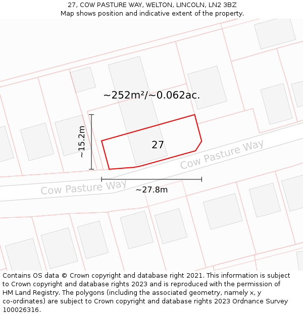 27, COW PASTURE WAY, WELTON, LINCOLN, LN2 3BZ: Plot and title map