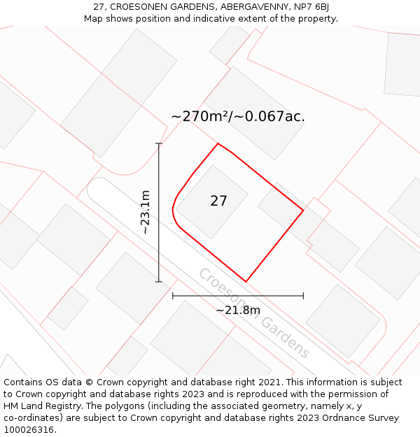 27, CROESONEN GARDENS, ABERGAVENNY, NP7 6BJ: Plot and title map