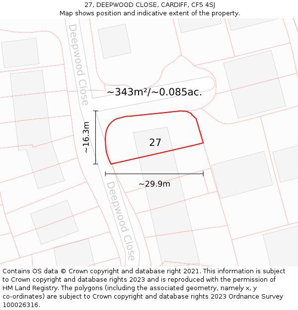 27, DEEPWOOD CLOSE, CARDIFF, CF5 4SJ: Plot and title map