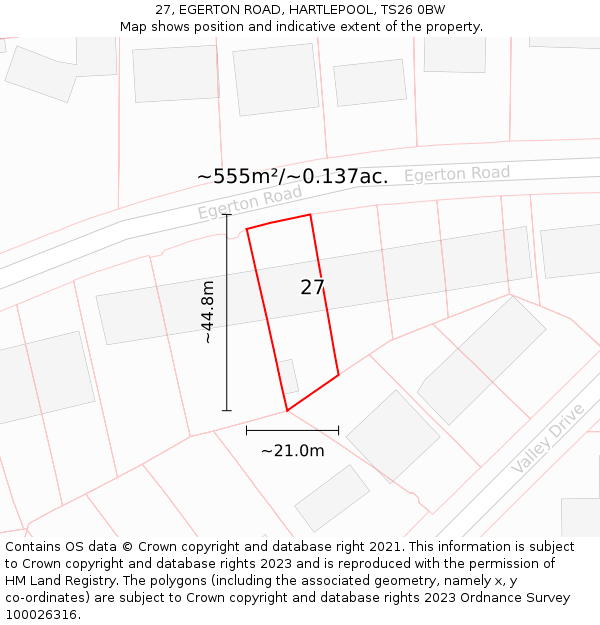 27, EGERTON ROAD, HARTLEPOOL, TS26 0BW: Plot and title map