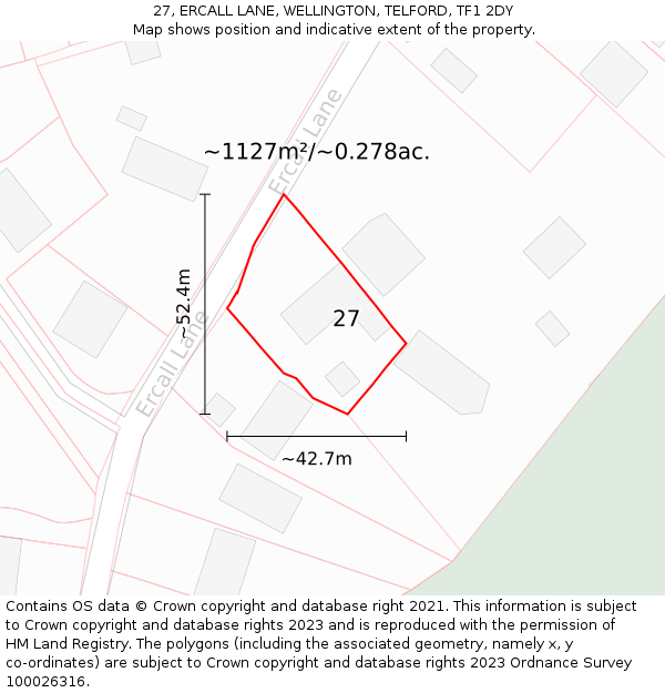 27, ERCALL LANE, WELLINGTON, TELFORD, TF1 2DY: Plot and title map