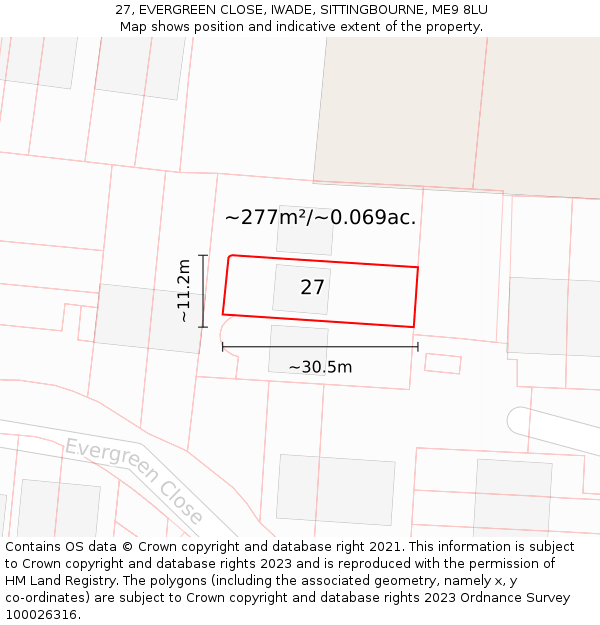 27, EVERGREEN CLOSE, IWADE, SITTINGBOURNE, ME9 8LU: Plot and title map
