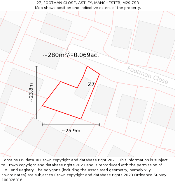 27, FOOTMAN CLOSE, ASTLEY, MANCHESTER, M29 7SR: Plot and title map