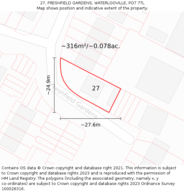 27, FRESHFIELD GARDENS, WATERLOOVILLE, PO7 7TL: Plot and title map