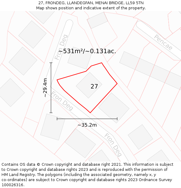 27, FRONDEG, LLANDEGFAN, MENAI BRIDGE, LL59 5TN: Plot and title map