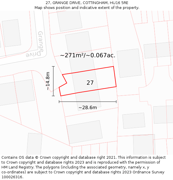 27, GRANGE DRIVE, COTTINGHAM, HU16 5RE: Plot and title map