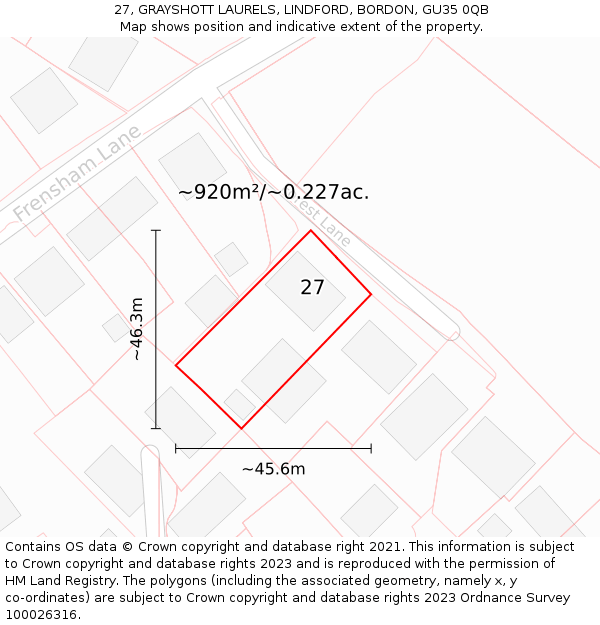 27, GRAYSHOTT LAURELS, LINDFORD, BORDON, GU35 0QB: Plot and title map