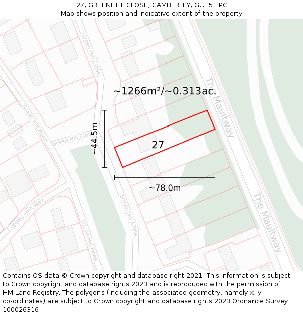 27, GREENHILL CLOSE, CAMBERLEY, GU15 1PG: Plot and title map