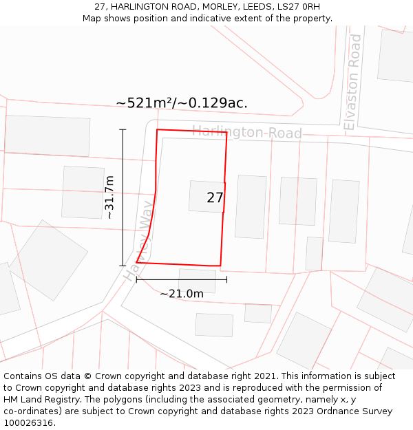 27, HARLINGTON ROAD, MORLEY, LEEDS, LS27 0RH: Plot and title map