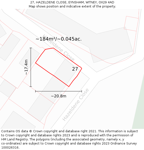 27, HAZELDENE CLOSE, EYNSHAM, WITNEY, OX29 4AD: Plot and title map