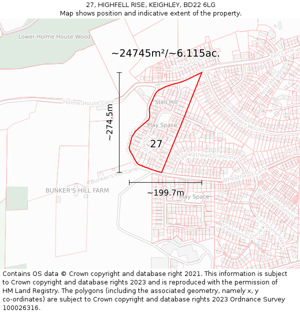 27, HIGHFELL RISE, KEIGHLEY, BD22 6LG: Plot and title map
