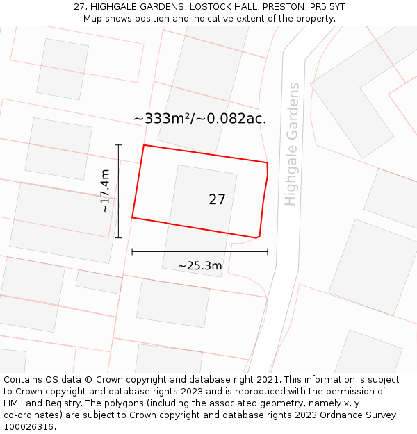 27, HIGHGALE GARDENS, LOSTOCK HALL, PRESTON, PR5 5YT: Plot and title map