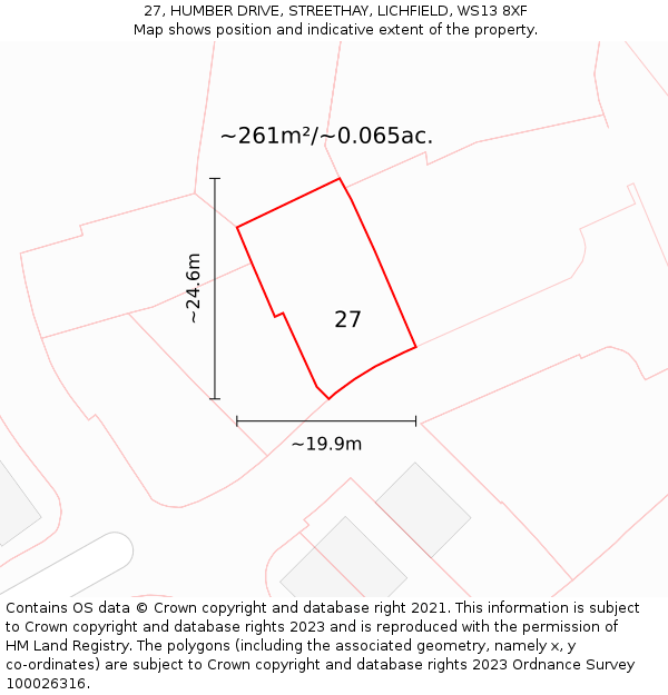 27, HUMBER DRIVE, STREETHAY, LICHFIELD, WS13 8XF: Plot and title map