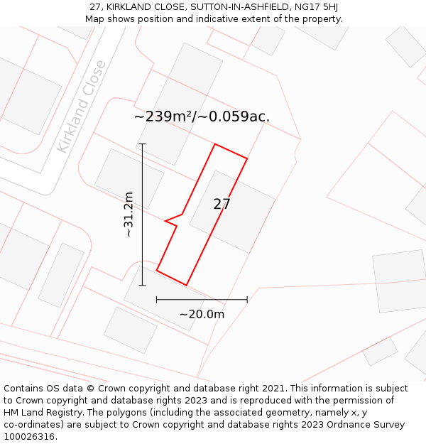 27, KIRKLAND CLOSE, SUTTON-IN-ASHFIELD, NG17 5HJ: Plot and title map