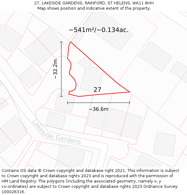 27, LAKESIDE GARDENS, RAINFORD, ST HELENS, WA11 8HH: Plot and title map
