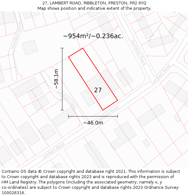 27, LAMBERT ROAD, RIBBLETON, PRESTON, PR2 6YQ: Plot and title map