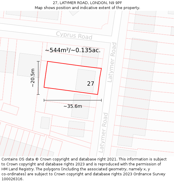 27, LATYMER ROAD, LONDON, N9 9PF: Plot and title map