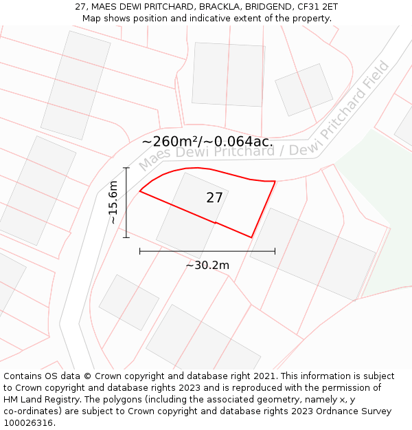 27, MAES DEWI PRITCHARD, BRACKLA, BRIDGEND, CF31 2ET: Plot and title map