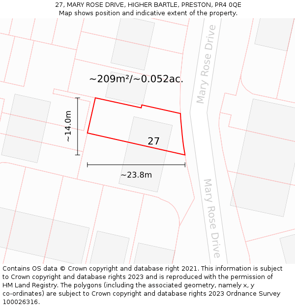 27, MARY ROSE DRIVE, HIGHER BARTLE, PRESTON, PR4 0QE: Plot and title map