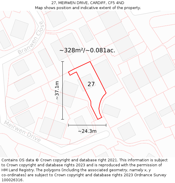 27, MEIRWEN DRIVE, CARDIFF, CF5 4ND: Plot and title map