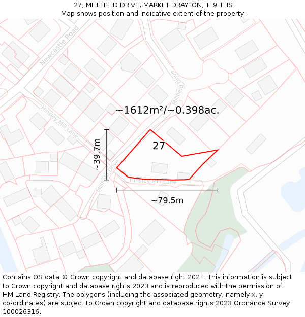 27, MILLFIELD DRIVE, MARKET DRAYTON, TF9 1HS: Plot and title map