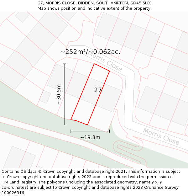 27, MORRIS CLOSE, DIBDEN, SOUTHAMPTON, SO45 5UX: Plot and title map