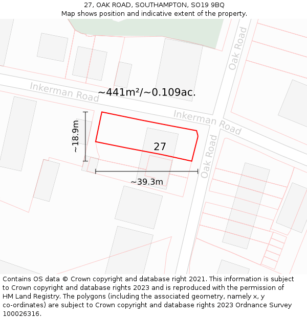 27, OAK ROAD, SOUTHAMPTON, SO19 9BQ: Plot and title map