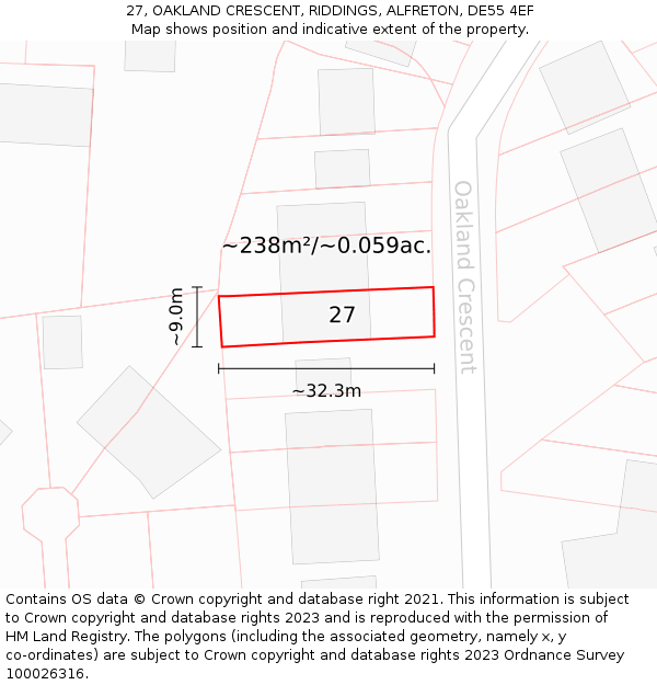 27, OAKLAND CRESCENT, RIDDINGS, ALFRETON, DE55 4EF: Plot and title map