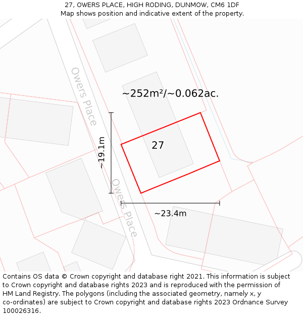 27, OWERS PLACE, HIGH RODING, DUNMOW, CM6 1DF: Plot and title map