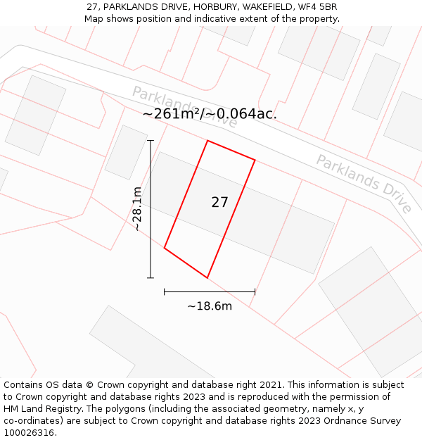 27, PARKLANDS DRIVE, HORBURY, WAKEFIELD, WF4 5BR: Plot and title map