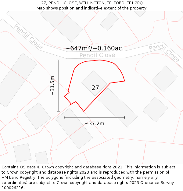 27, PENDIL CLOSE, WELLINGTON, TELFORD, TF1 2PQ: Plot and title map