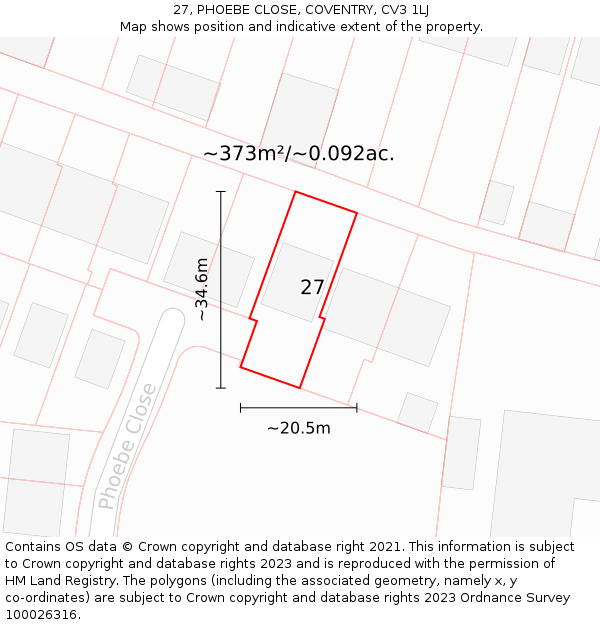 27, PHOEBE CLOSE, COVENTRY, CV3 1LJ: Plot and title map