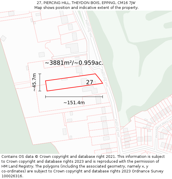 27, PIERCING HILL, THEYDON BOIS, EPPING, CM16 7JW: Plot and title map