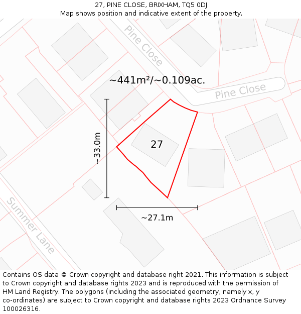 27, PINE CLOSE, BRIXHAM, TQ5 0DJ: Plot and title map