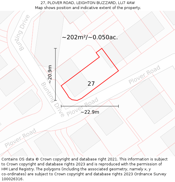 27, PLOVER ROAD, LEIGHTON BUZZARD, LU7 4AW: Plot and title map