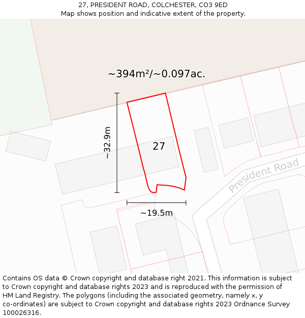 27, PRESIDENT ROAD, COLCHESTER, CO3 9ED: Plot and title map