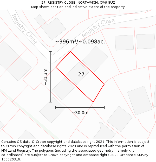 27, REGISTRY CLOSE, NORTHWICH, CW9 8UZ: Plot and title map