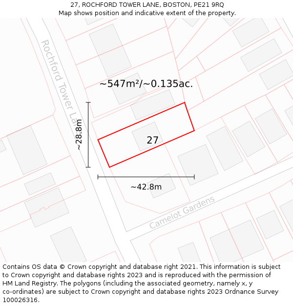 27, ROCHFORD TOWER LANE, BOSTON, PE21 9RQ: Plot and title map