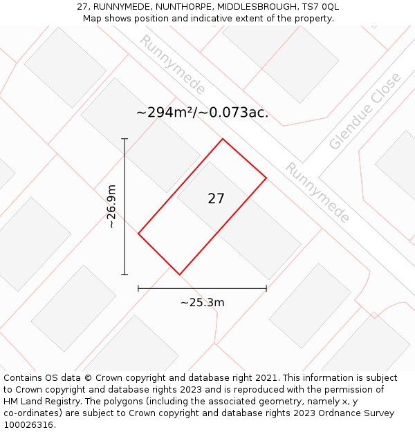 27, RUNNYMEDE, NUNTHORPE, MIDDLESBROUGH, TS7 0QL: Plot and title map