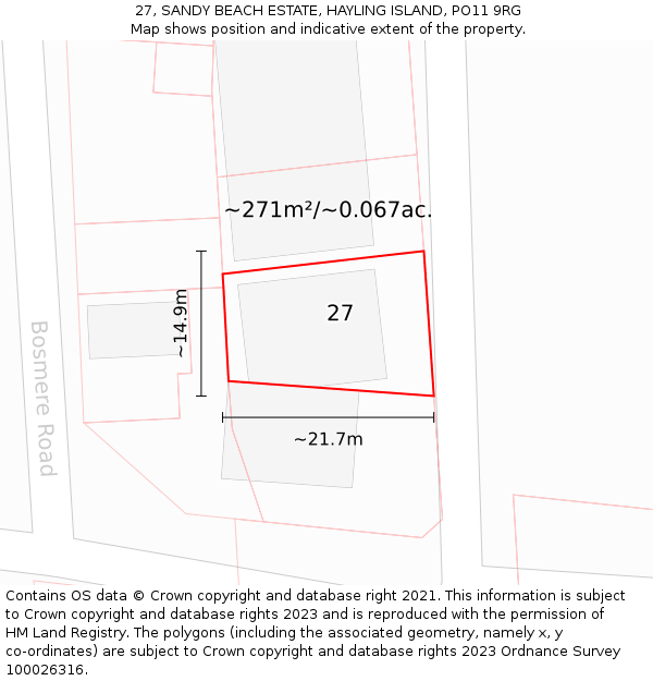 27, SANDY BEACH ESTATE, HAYLING ISLAND, PO11 9RG: Plot and title map