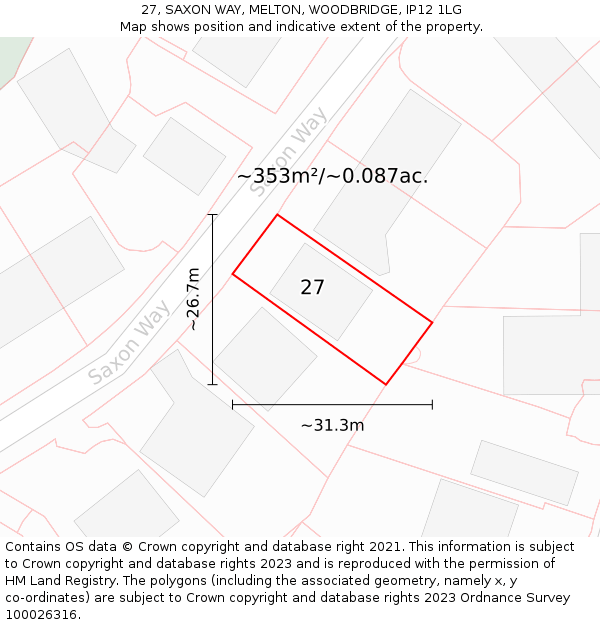 27, SAXON WAY, MELTON, WOODBRIDGE, IP12 1LG: Plot and title map